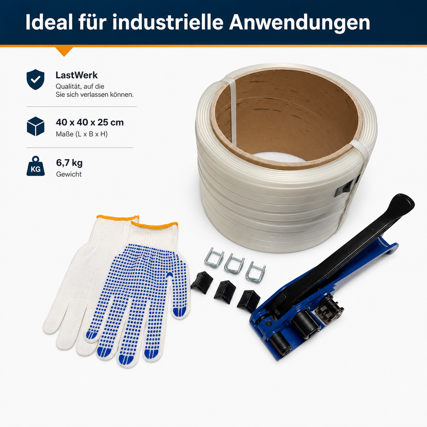 LastWerk Umreifungsset Set Zwei, 200m Polyesterband, 16mm breit, inklusive Spannwerkzeug aus Stahl, 100 Drahtschnallen, 30 Kantenschützer, Handschuhe, robust und vielseitig