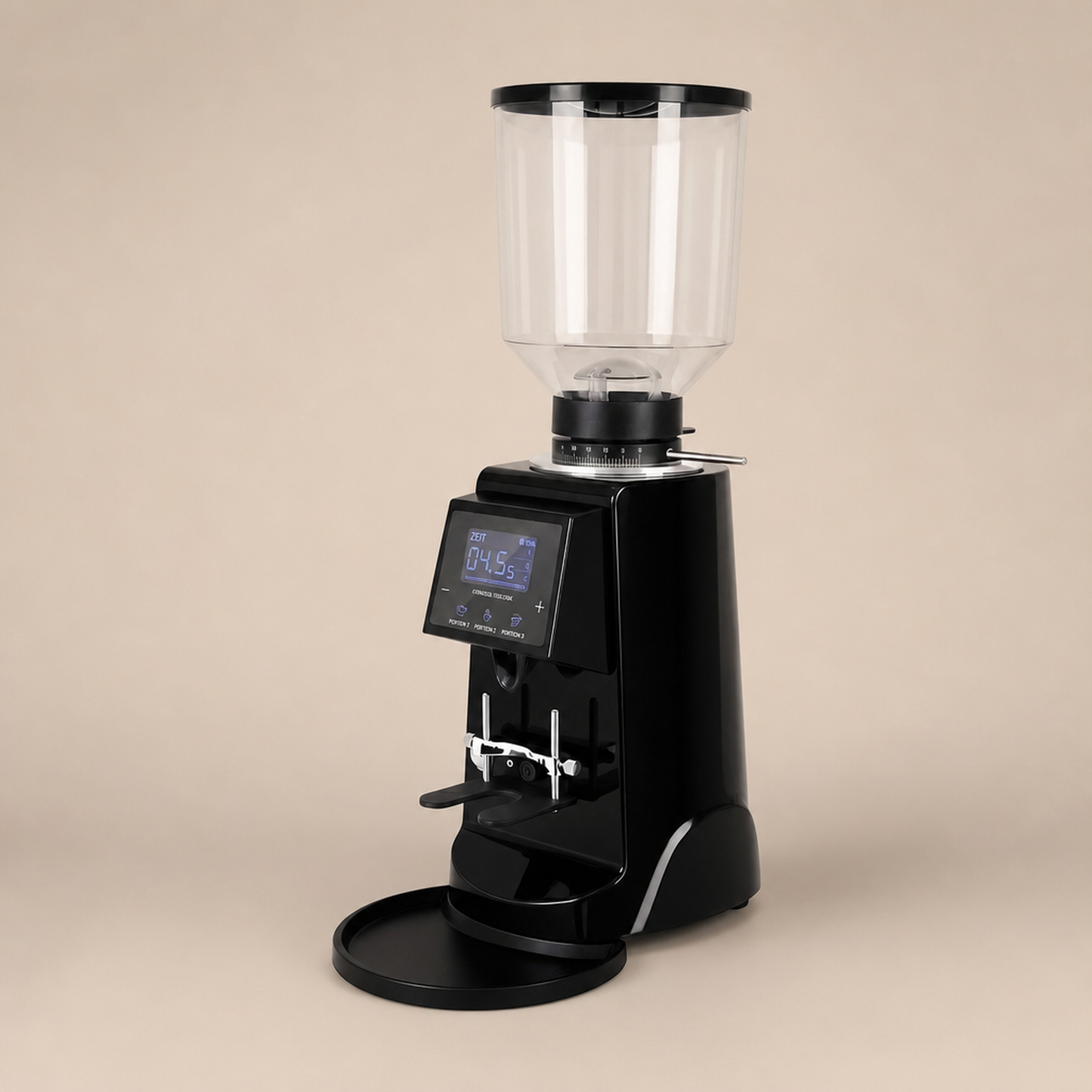 ROASTLY CK74 Elektrische On‑Demand Espressomühle – Scheibenmahlwerk mit stufenloser Mikrometer‑Skala (Skalenring), Touch‑Digitaldisplay mit Timer & Einzel-/Doppeldosis, höhenverstellbarer Siebträgerha