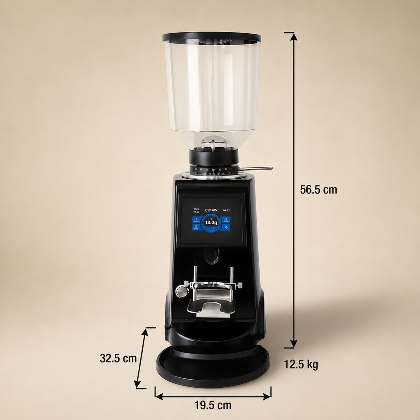 ROASTLY CK74W elektrische Espressomühle mit Touchscreen, grammgenauer Dosierung (3 Speicher), stufenlose Mahlgrad‑Skala 0–60, verstellbare Siebträgergabel, transparenter Bohnenbehälter, Schwarz