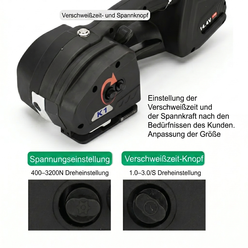LastWerk K1 Akku-Umreifungsmaschine für PP/PET-Bänder 13–16 mm – Elektrisches Vollautomatisches Umreifungsgerät mit 400–3200N Spannkraft, 14,4V 4,0Ah Akku, für Kartons, Paletten & Verpackung