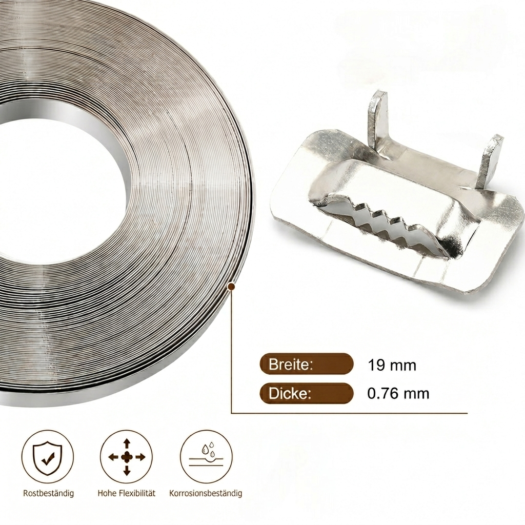 LastWerk Stahl-Umreifungsset mit Bandspannwerkzeug, 30 m Band 19 x 0,76 mm, 30 Schnallen, Handschuhe, Stahl-Spanner mit Schneidgriff für HLK-Rohre, Kabel, Schilder, Paletten-Montage