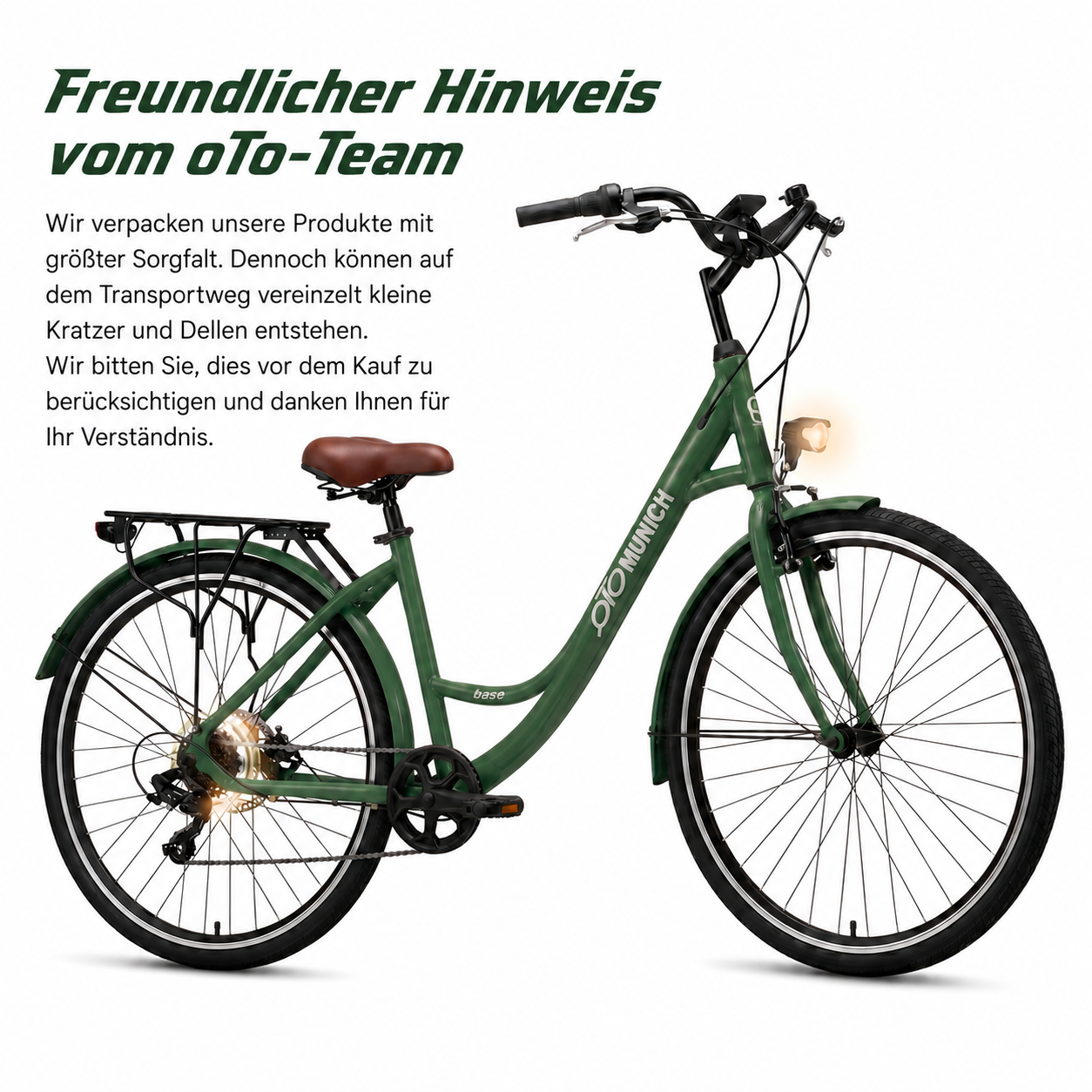 oToMUNICH Plus Olive Green 28 Zoll Fahrrad, Shimano 7-Gang, City-Bike, Tiefeinsteiger mit Stahlrahmen, Nabendynamo 60 Lux LED Frontlicht, mit Tracker, Fahrradcomputer, Handyhalterung und Gepäckträger