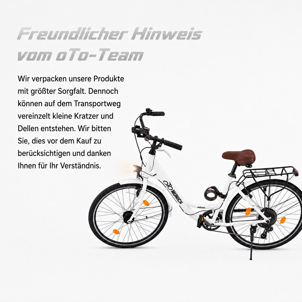 oToMUNICH Plus Spotless White 28 Zoll Fahrrad, Shimano 7-Gang City-Bike Tiefeinsteiger mit Stahlrahmen, Nabendynamo 60 Lux LED Frontlicht, mit Tracker, Fahrradcomputer, Handyhalterung und Gepäckträger