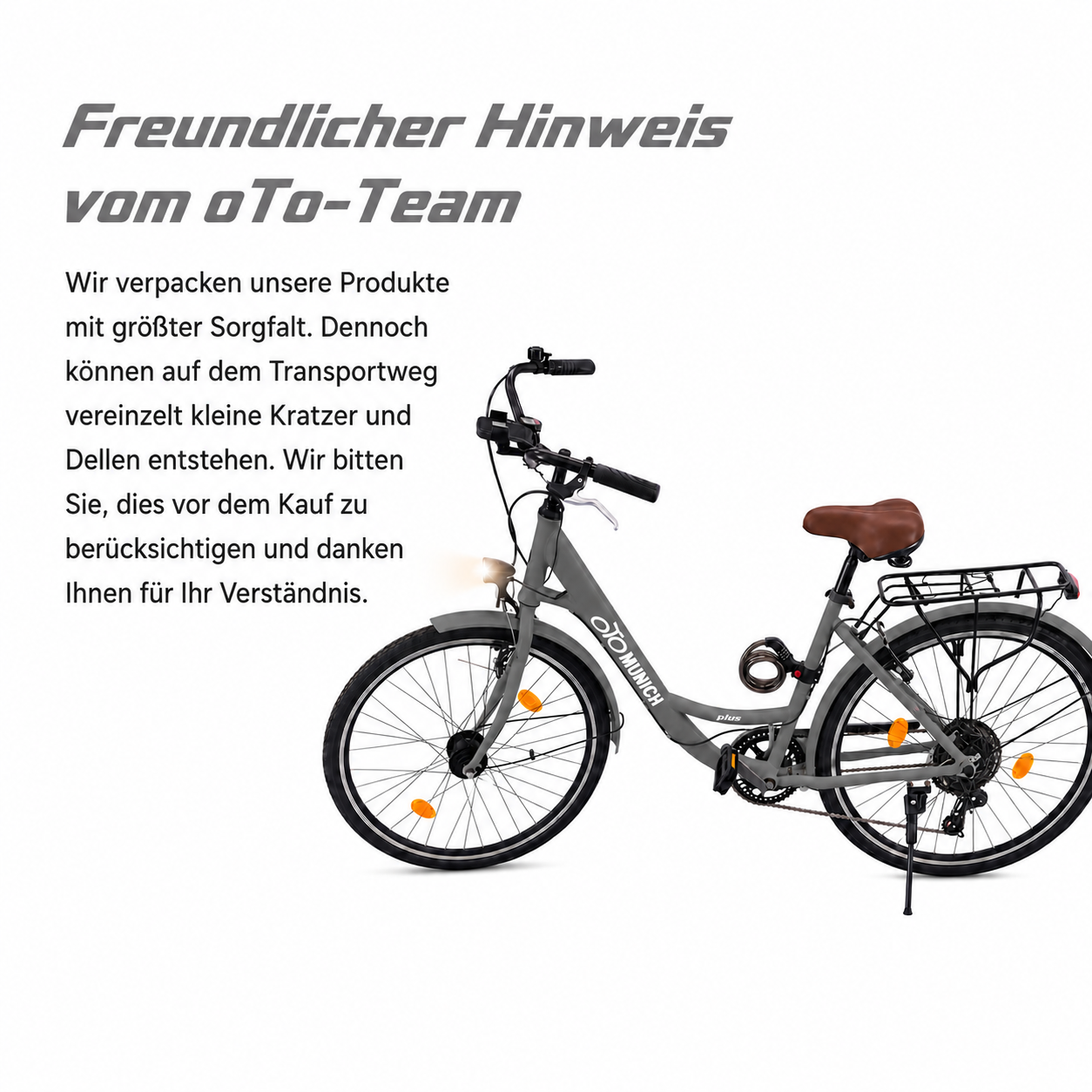oToMUNICH Plus Boring Grey 28 Zoll Fahrrad, Shimano 7-Gang, City-Bike, Tiefeinsteiger mit Stahlrahmen, Nabendynamo 60 Lux LED Frontlicht, mit Tracker, Fahrradcomputer, Handyhalterung und Gepäckträger