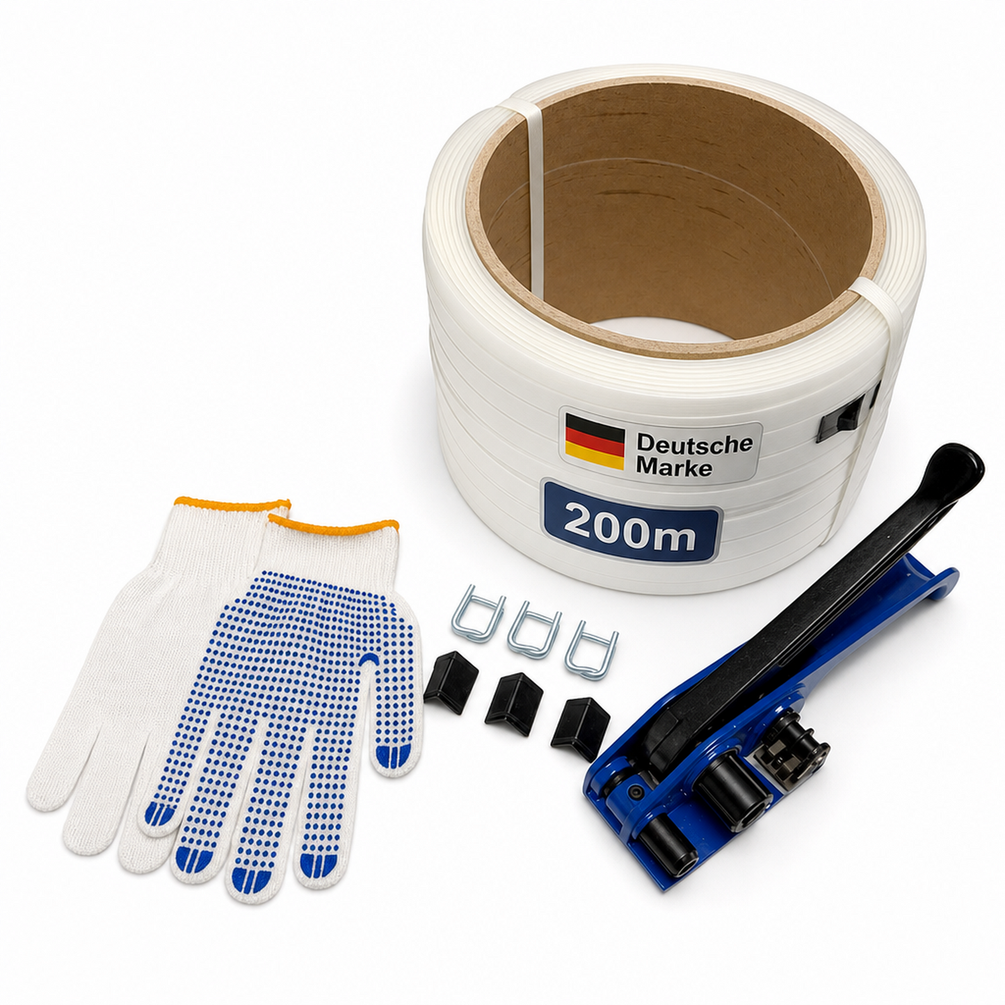LastWerk Umreifungsset Set Zwei, 200m Polyesterband, 16mm breit, inklusive Spannwerkzeug aus Stahl, 100 Drahtschnallen, 30 Kantenschützer, Handschuhe, robust und vielseitig