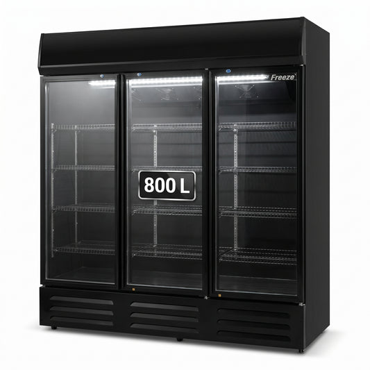 FREEZE. B-Ware Getränkekühlschrank NineThirty M mit Glastüren, 800 L Kapazität, Energieeffizienz C, abschließbar, mit Rollen