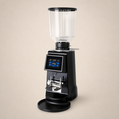 ROASTLY CK74W elektrische Espressomühle mit Touchscreen, grammgenauer Dosierung (3 Speicher), stufenlose Mahlgrad‑Skala 0–60, verstellbare Siebträgergabel, transparenter Bohnenbehälter, Schwarz
