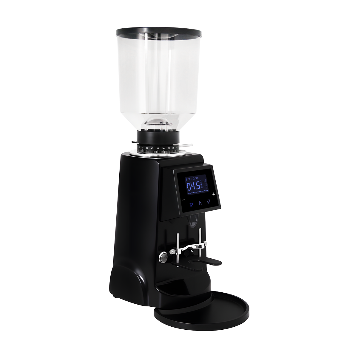 ROASTLY CK74 Elektrische On‑Demand Espressomühle – Scheibenmahlwerk mit stufenloser Mikrometer‑Skala (Skalenring), Touch‑Digitaldisplay mit Timer & Einzel-/Doppeldosis, höhenverstellbarer Siebträgerha