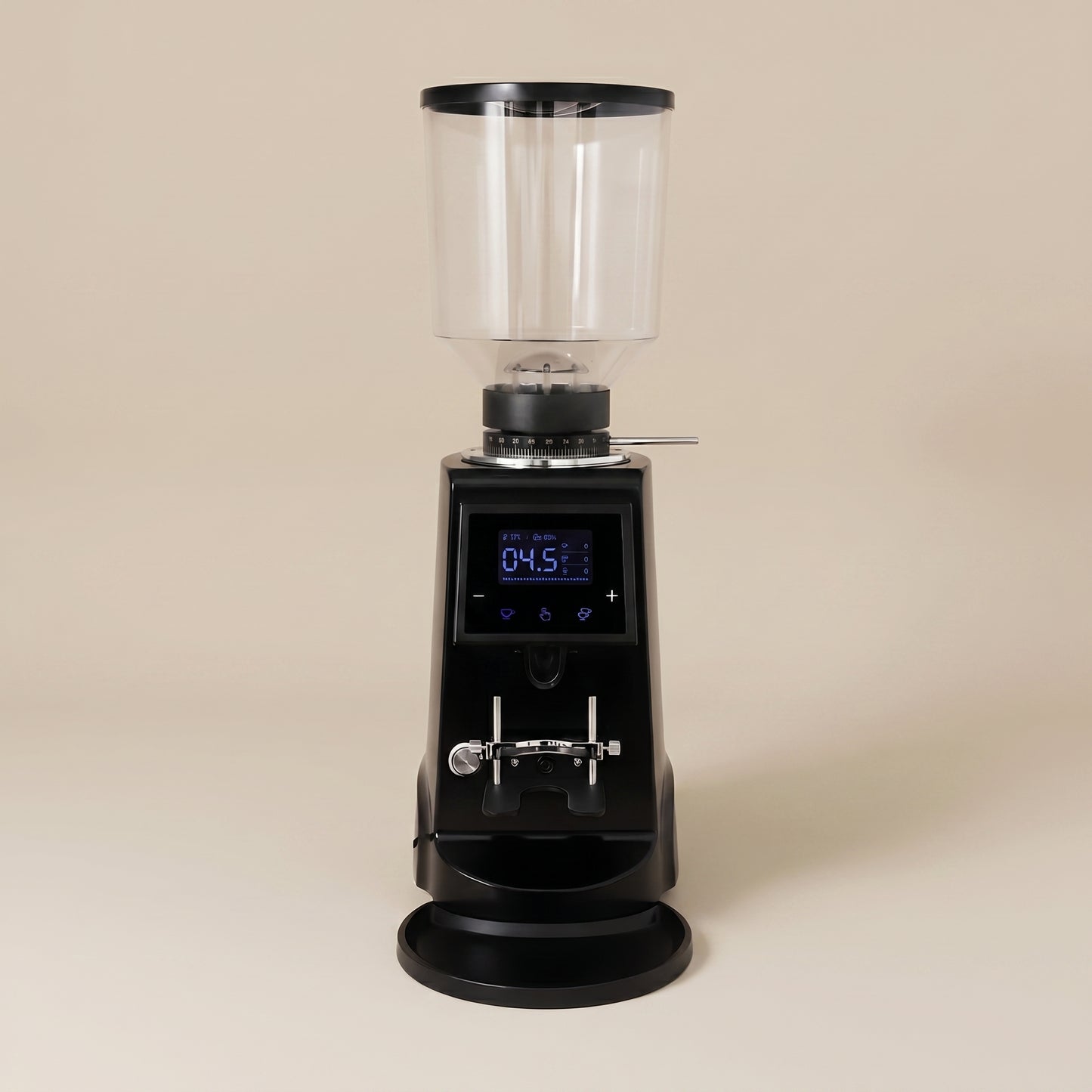 ROASTLY CK74 Elektrische On‑Demand Espressomühle – Scheibenmahlwerk mit stufenloser Mikrometer‑Skala (Skalenring), Touch‑Digitaldisplay mit Timer & Einzel-/Doppeldosis, höhenverstellbarer Siebträgerha