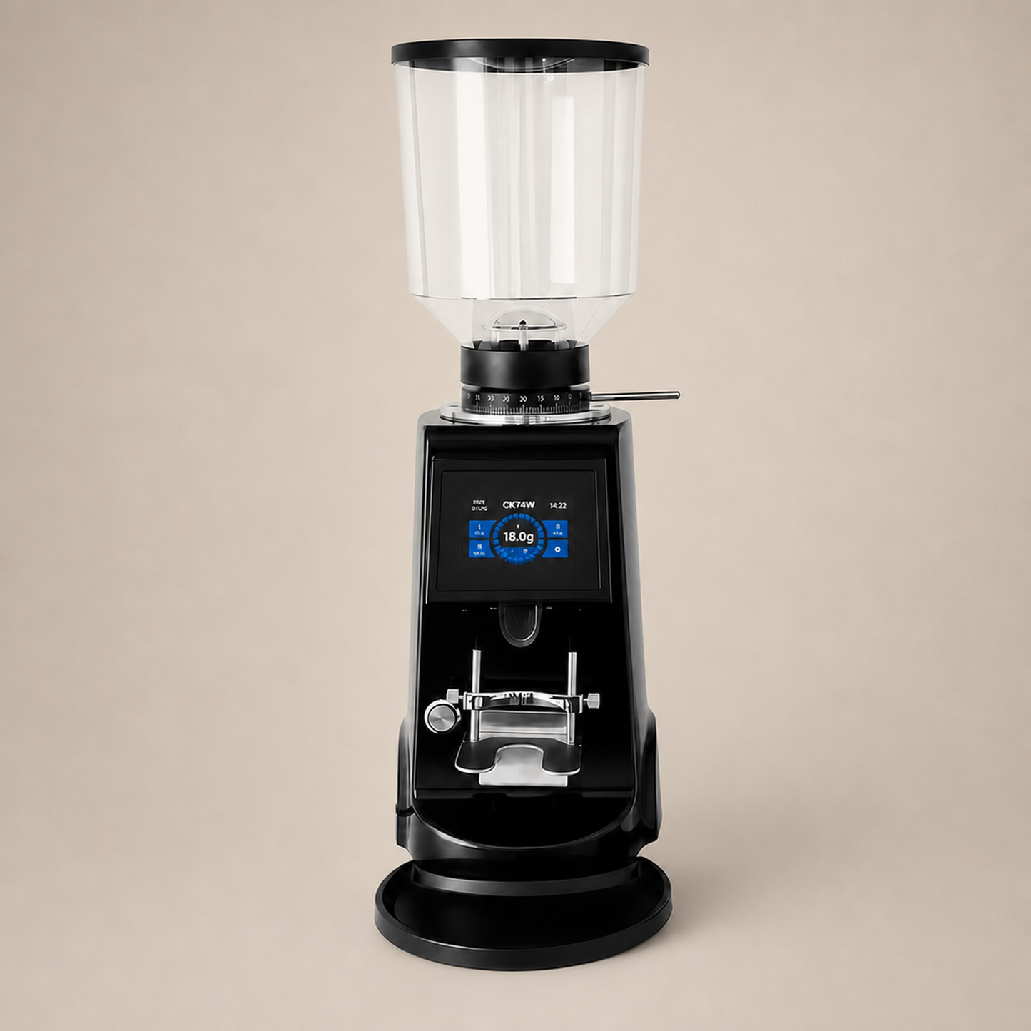 ROASTLY CK74W elektrische Espressomühle mit Touchscreen, grammgenauer Dosierung (3 Speicher), stufenlose Mahlgrad‑Skala 0–60, verstellbare Siebträgergabel, transparenter Bohnenbehälter, Schwarz