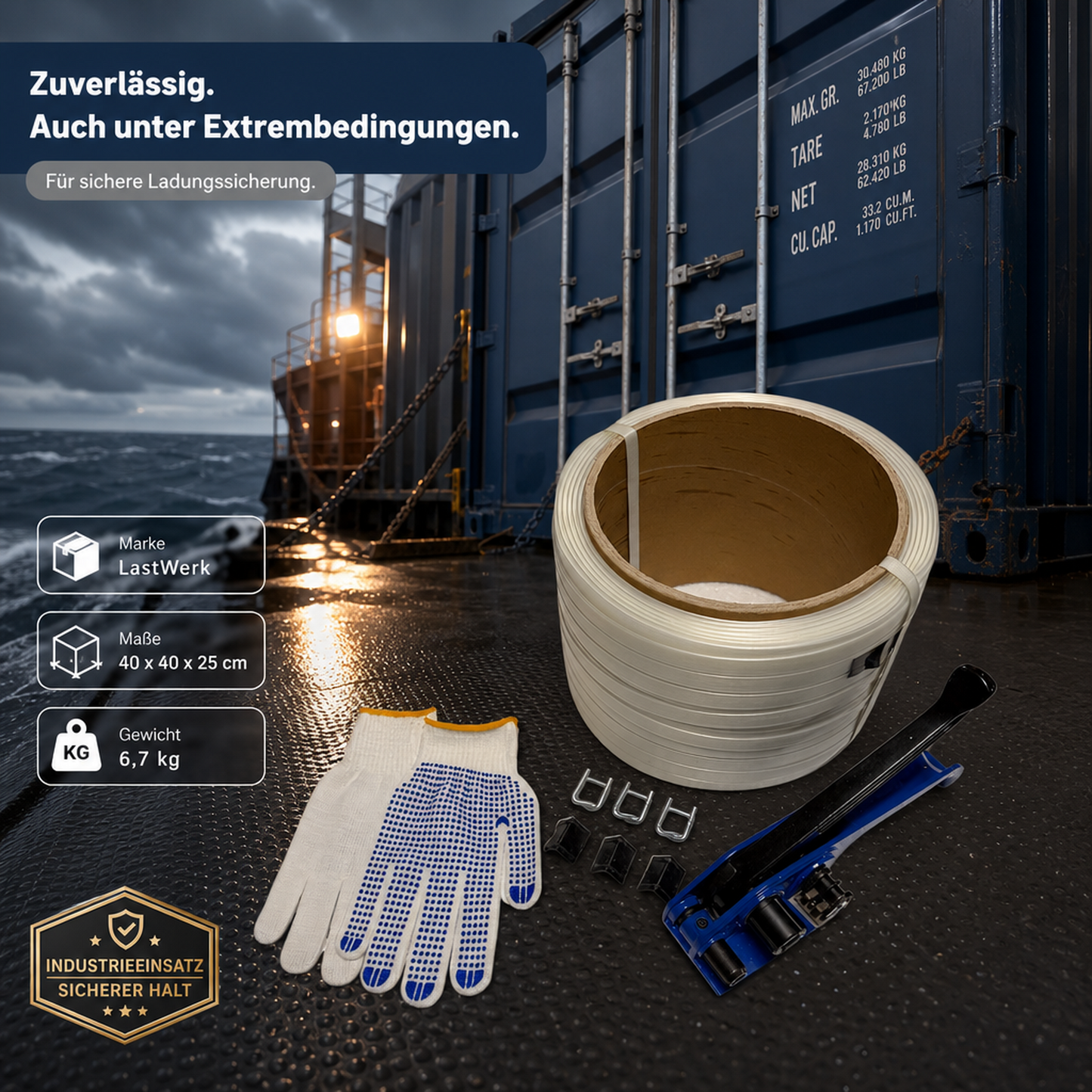 LastWerk Umreifungsset Set Zwei, 200m Polyesterband, 16mm breit, inklusive Spannwerkzeug aus Stahl, 100 Drahtschnallen, 30 Kantenschützer, Handschuhe, robust und vielseitig
