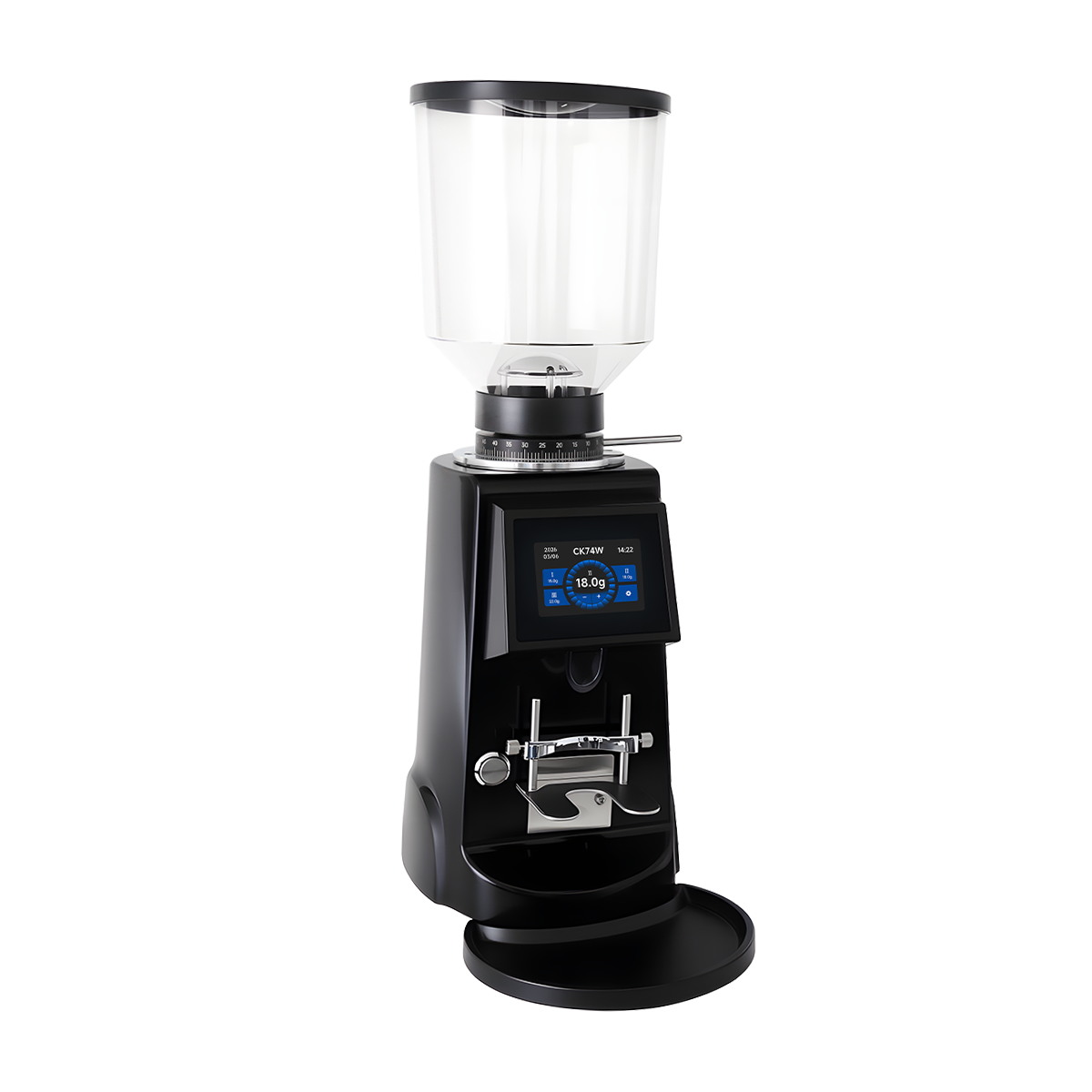 ROASTLY CK74W elektrische Espressomühle mit Touchscreen, grammgenauer Dosierung (3 Speicher), stufenlose Mahlgrad‑Skala 0–60, verstellbare Siebträgergabel, transparenter Bohnenbehälter, Schwarz