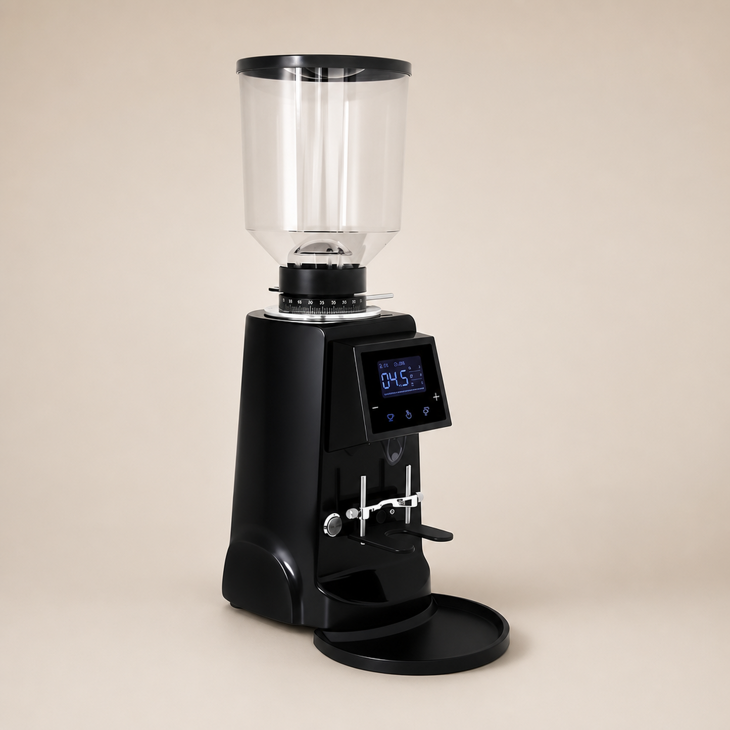ROASTLY CK74 Elektrische On‑Demand Espressomühle – Scheibenmahlwerk mit stufenloser Mikrometer‑Skala (Skalenring), Touch‑Digitaldisplay mit Timer & Einzel-/Doppeldosis, höhenverstellbarer Siebträgerha