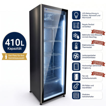 FREEZE. FourSixty A Getränkekühlschrank mit Glastür & LED-Beleuchtung - Flaschenkühlschrank mit 410L Kapazität, Aluminiumrahmen, Bierkühlschrank, Auto-Abtauung, 4 bis +10 °C