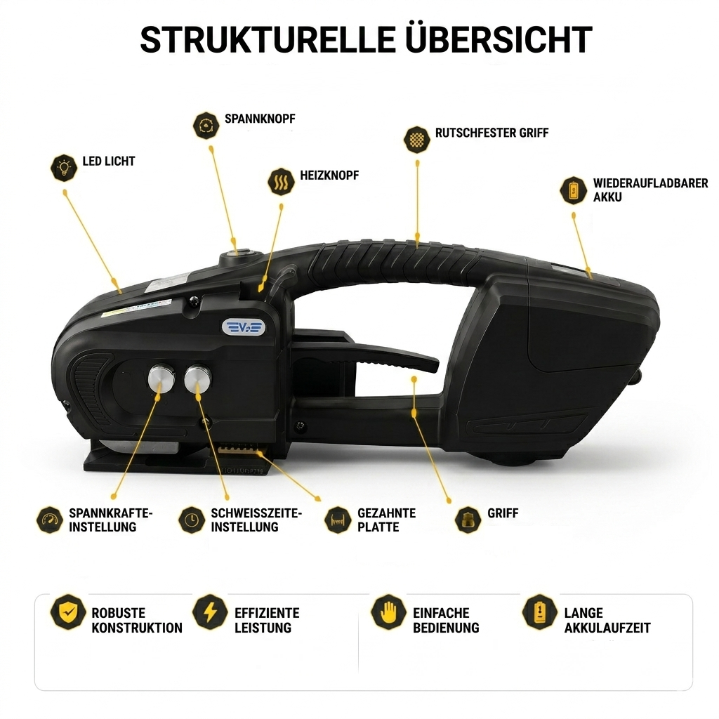 LastWerk V3 Akku-Umreifungsmaschine für PP/PET-Bänder 13–16 mm – elektrisches vollautomatisches Umreifungsgerät mit 600–3200 N Spannkraft, 14,4 V 4000 mAh Akku, für Kartons, Paletten & Verpackung