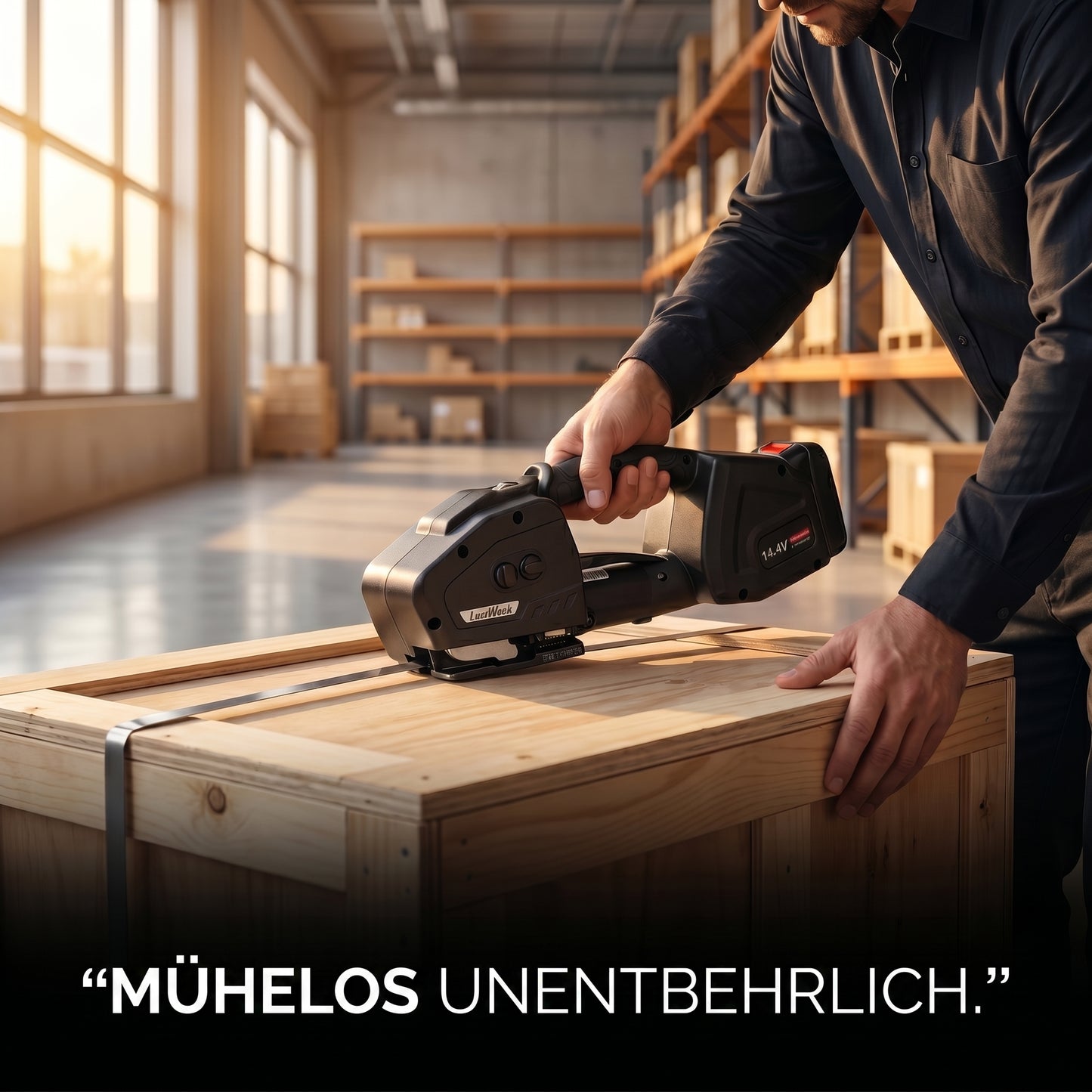 LastWerk K1 Akku-Umreifungsmaschine für PP/PET-Bänder 13–16 mm – Elektrisches Vollautomatisches Umreifungsgerät mit 400–3200N Spannkraft, 14,4V 4,0Ah Akku, für Kartons, Paletten & Verpackung