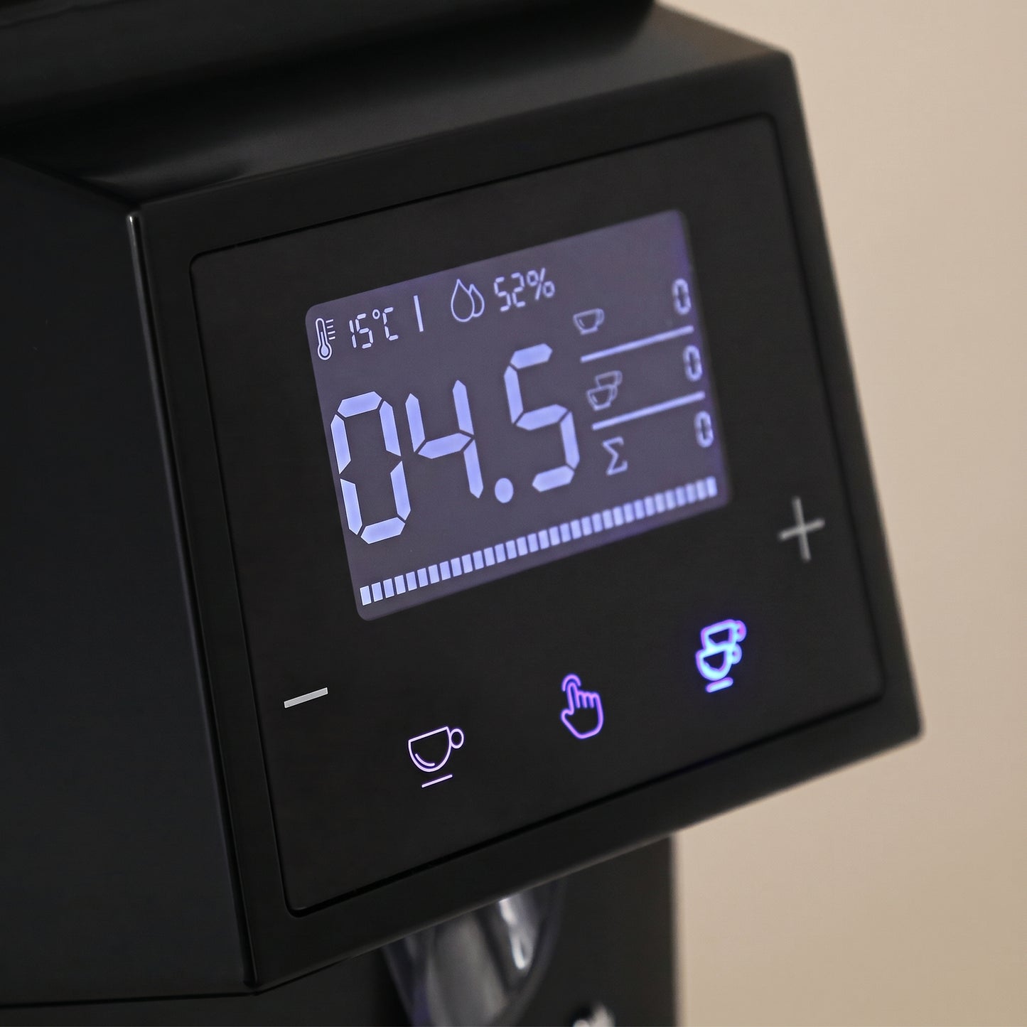 ROASTLY CK74 Elektrische On‑Demand Espressomühle – Scheibenmahlwerk mit stufenloser Mikrometer‑Skala (Skalenring), Touch‑Digitaldisplay mit Timer & Einzel-/Doppeldosis, höhenverstellbarer Siebträgerha