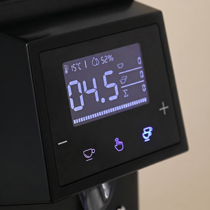 ROASTLY CK74 Elektrische On‑Demand Espressomühle – Scheibenmahlwerk mit stufenloser Mikrometer‑Skala (Skalenring), Touch‑Digitaldisplay mit Timer & Einzel-/Doppeldosis, höhenverstellbarer Siebträgerha