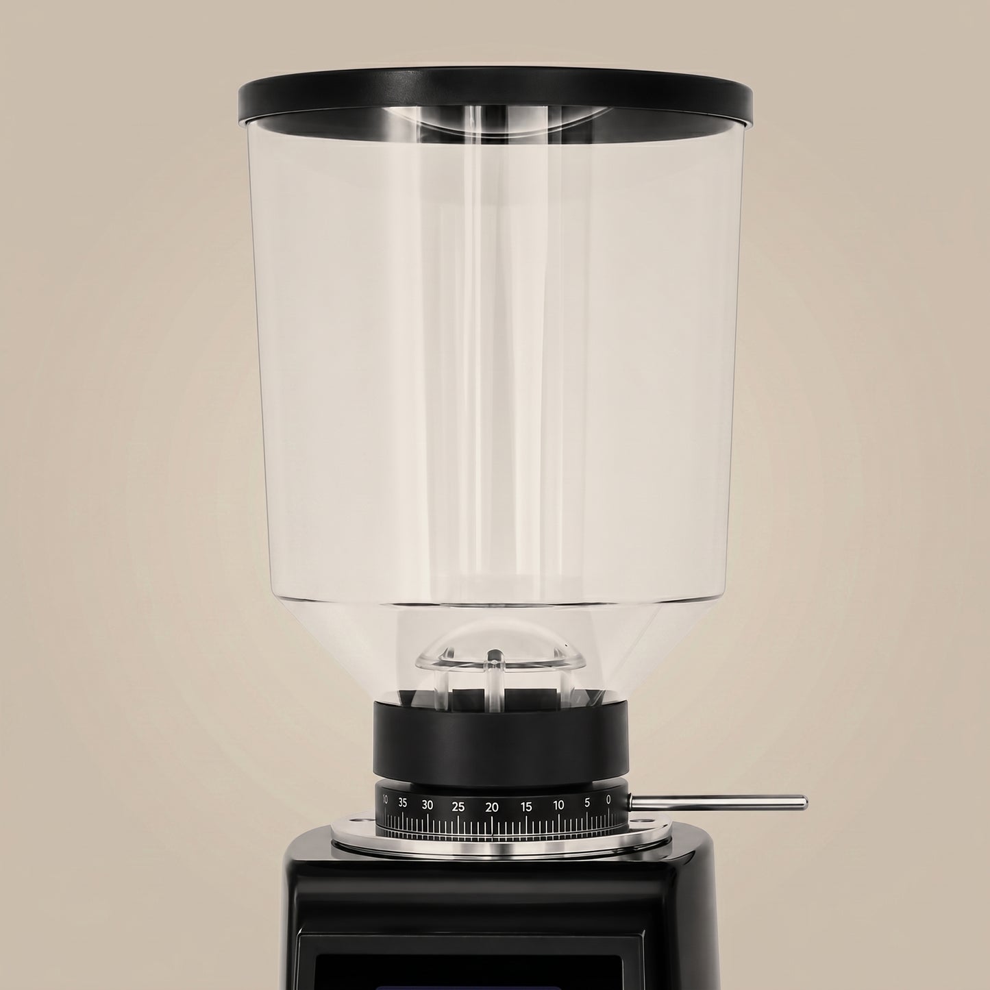 ROASTLY CK74W elektrische Espressomühle mit Touchscreen, grammgenauer Dosierung (3 Speicher), stufenlose Mahlgrad‑Skala 0–60, verstellbare Siebträgergabel, transparenter Bohnenbehälter, Schwarz