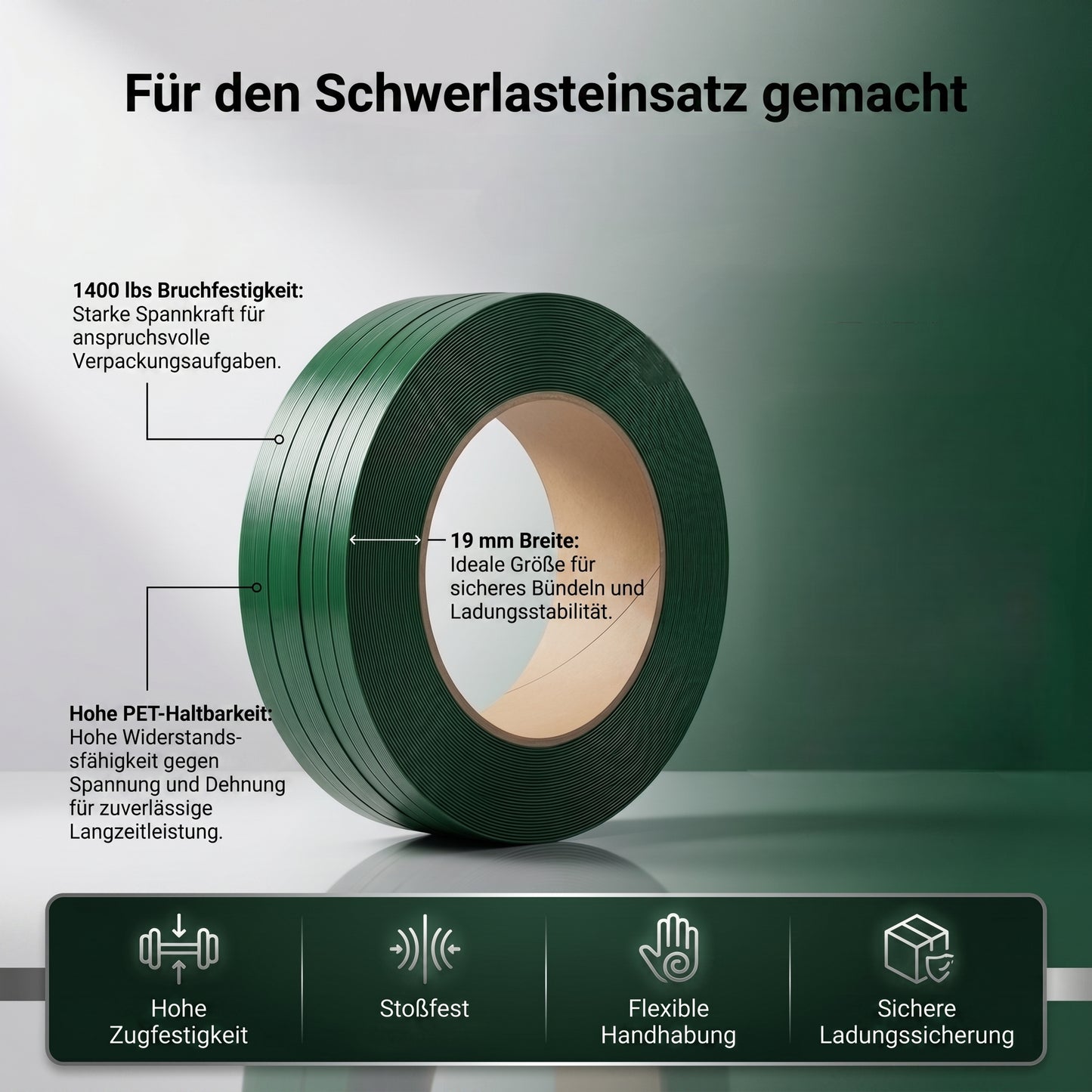 LastWerk Grünes PET-Umreifungsband 1200m - Hohe Reißfestigkeit, Witterungsbeständig, Ideal für schwere Lasten