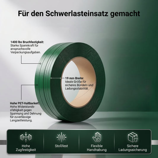 LastWerk Grünes PET-Umreifungsband 1200m - Hohe Reißfestigkeit, Witterungsbeständig, Ideal für schwere Lasten