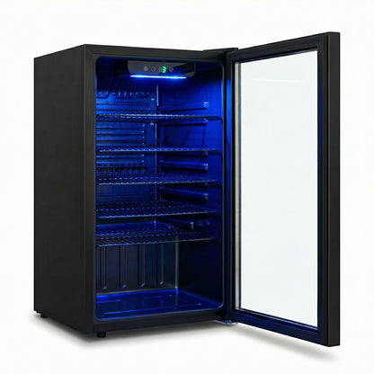 Freeze. 90L Getränkekühlschrank, Mini-Kühlschrank für 126 Dosen, Glastürkühlschrank, Weinkühler, kleiner Kühlschrank mit Glastür und verstellbaren Regalen für Zuhause/Bar/Büro, frostfrei, Schwarz