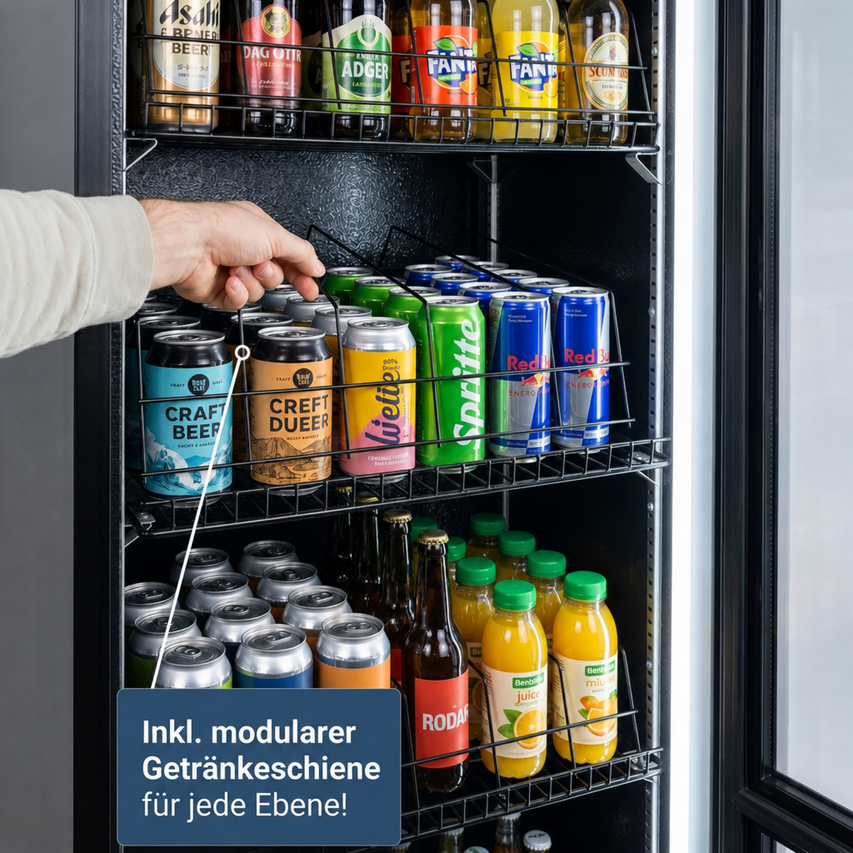 FREEZE. OneTwoFifty A Getränkekühlschrank mit Glastür & LED-Beleuchtung - Flaschenkühlschrank mit 1100L Kapazität, Aluminiumrahmen, Bierkühlschrank, Auto-Abtauung, 4 bis +10 °C