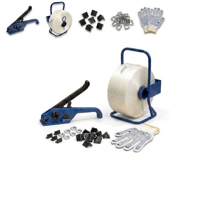 Umreifungsset 16 mm komplett mit Abroller, Bandspanner, 850 m Polyesterband, Handschuhe, 500 Klemmen & 100 Kantenschutzecken – Verpackungsset für Paletten, Versand & Lager