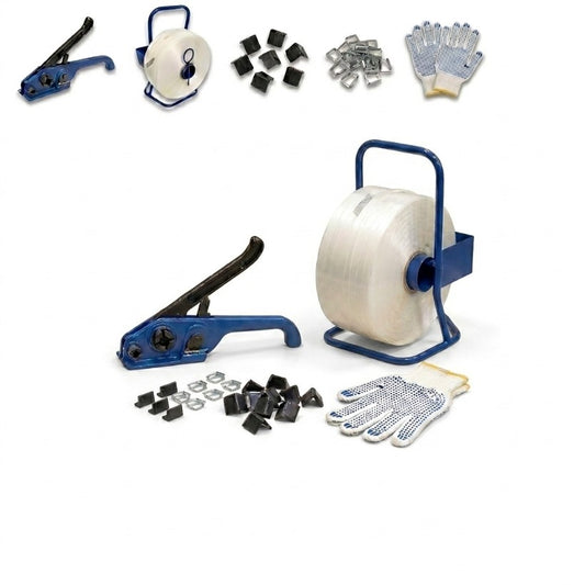 Umreifungsset 16 mm komplett mit Abroller, Bandspanner, 850 m Polyesterband, Handschuhe, 500 Klemmen & 100 Kantenschutzecken – Verpackungsset für Paletten, Versand & Lager