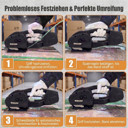 LastWerk K1 Akku-Umreifungsmaschine für PP/PET-Bänder 13–16 mm – Elektrisches Vollautomatisches Umreifungsgerät mit 400–3200N Spannkraft, 14,4V 4,0Ah Akku, für Kartons, Paletten & Verpackung