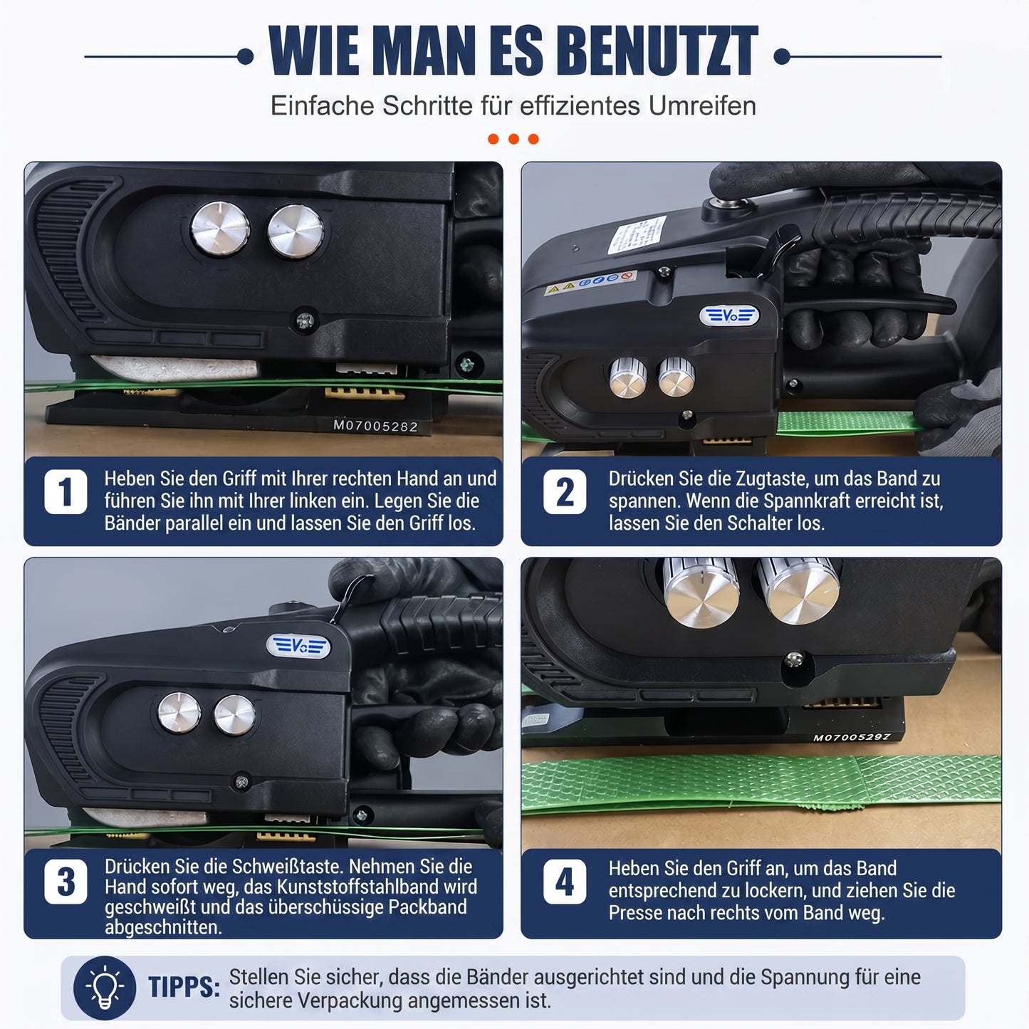 LastWerk V3 Akku-Umreifungsmaschine für PP/PET-Bänder 13–16 mm – elektrisches vollautomatisches Umreifungsgerät mit 600–3200 N Spannkraft, 14,4 V 4000 mAh Akku, für Kartons, Paletten & Verpackung
