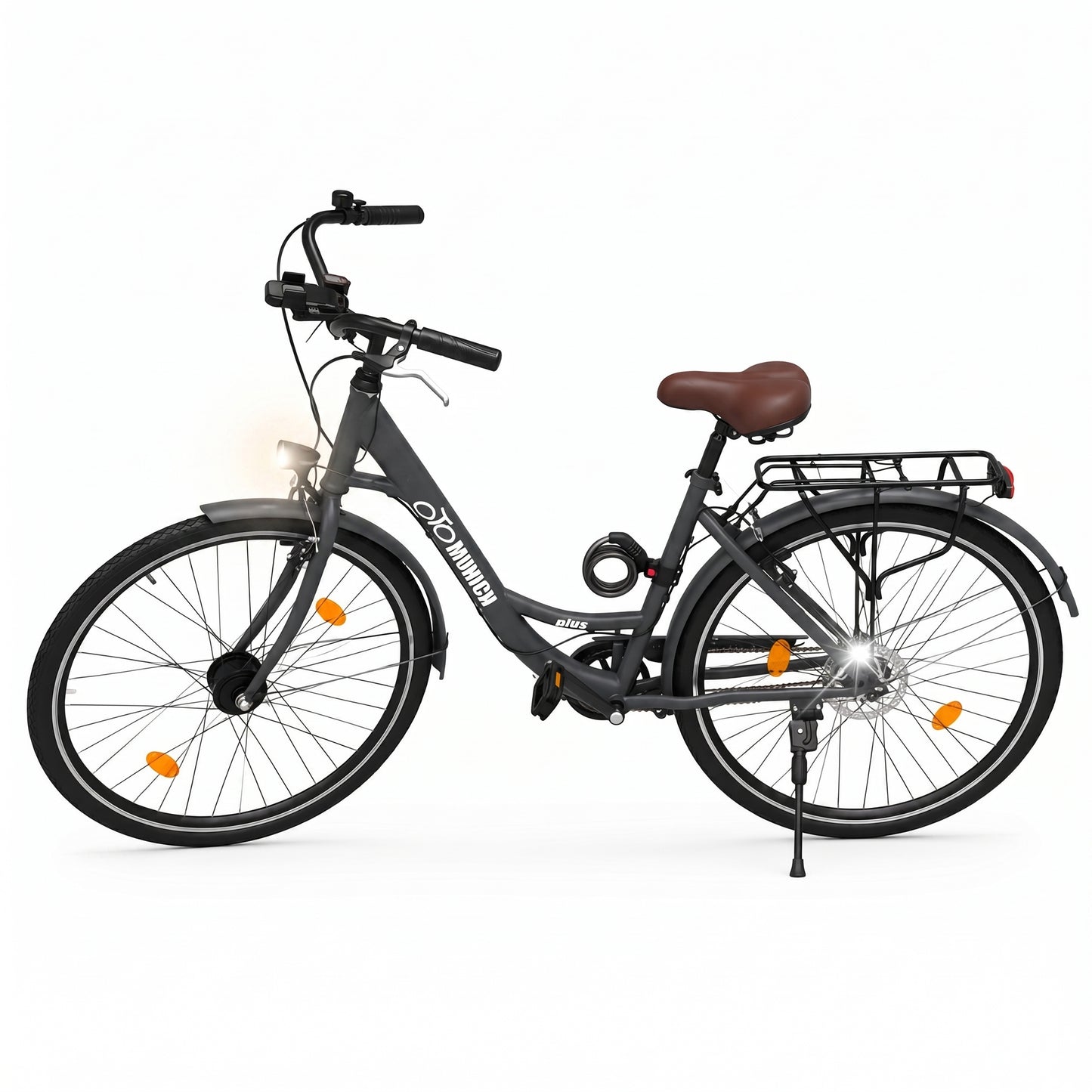 oToMUNICH Base Boring Grey 28 Zoll Fahrrad, Single Speed, City-Bike, Tiefeinsteiger mit Stahlrahmen, Nabendynamo 60 Lux LED Frontlicht, mit Tracker, Fahrradcomputer, Handyhalterung und Gepackträger