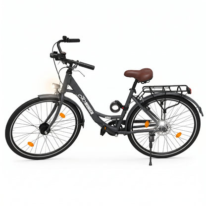 oToMUNICH Base Boring Grey 28 Zoll Fahrrad, Single Speed, City-Bike, Tiefeinsteiger mit Stahlrahmen, Nabendynamo 60 Lux LED Frontlicht, mit Tracker, Fahrradcomputer, Handyhalterung und Gepackträger