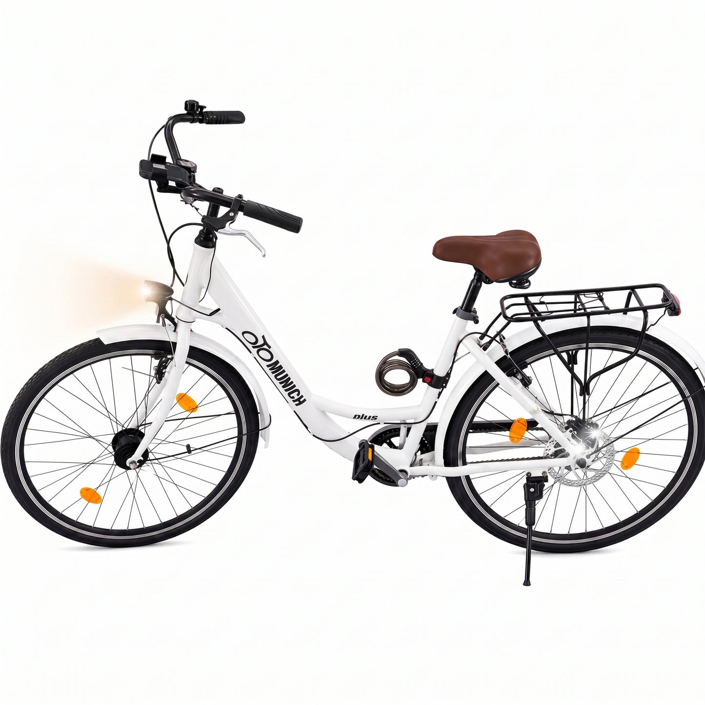 oToMUNICH Base Spotless White 28 Zoll Fahrrad, Single Speed, City-Bike, Tiefeinsteiger mit Stahlrahmen, Nabendynamo 60 Lux LED Frontlicht, mit Tracker, Fahrradcomputer, Handyhalterung und Gepackträger