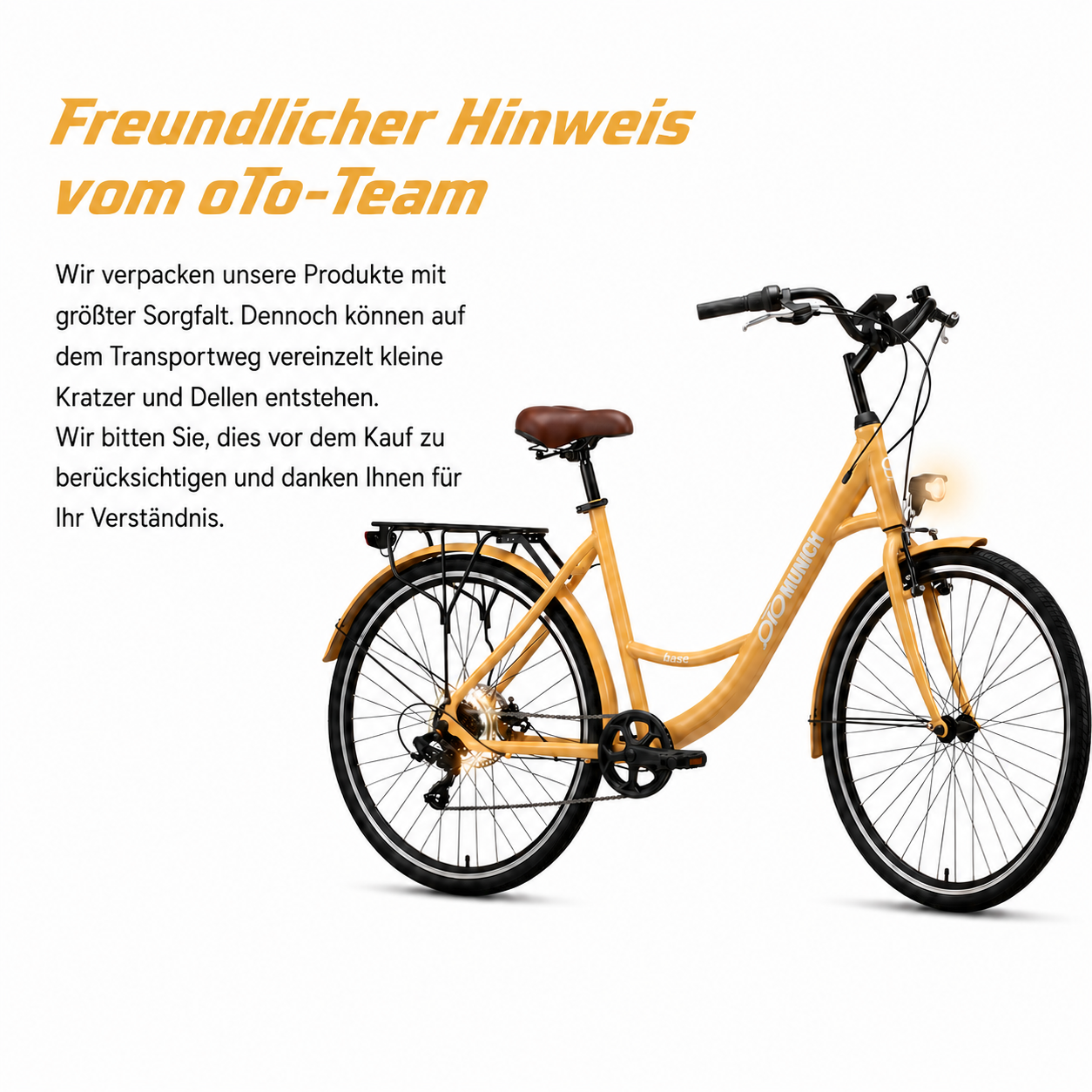 oToMUNICH Plus Sunset Beige 28 Zoll Fahrrad, Shimano 7-Gang, City-Bike, Tiefeinsteiger mit Stahlrahmen, Nabendynamo 60 Lux LED Frontlicht, mit Tracker, Fahrradcomputer, Handyhalterung und Gepäckträger