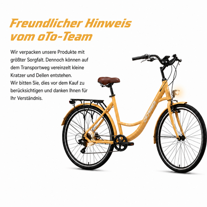 oToMUNICH Plus Sunset Beige 28 Zoll Fahrrad, Shimano 7-Gang, City-Bike, Tiefeinsteiger mit Stahlrahmen, Nabendynamo 60 Lux LED Frontlicht, mit Tracker, Fahrradcomputer, Handyhalterung und Gepäckträger