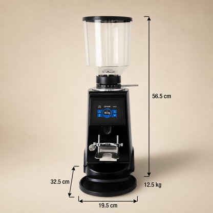 ROASTLY CK74W elektrische Espressomühle mit Touchscreen, grammgenauer Dosierung (3 Speicher), stufenlose Mahlgrad‑Skala 0–60, verstellbare Siebträgergabel, transparenter Bohnenbehälter, Schwarz