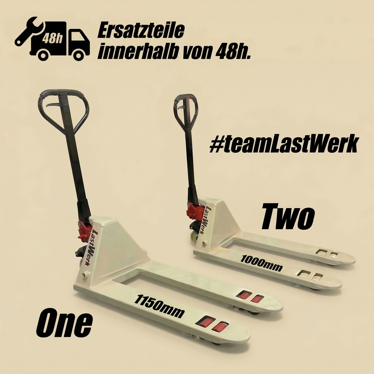 LastWerk One Hubwagen 2500 kg und 1150 mm Gabellänge PU-Rollen Handhubwagen Palettenwagen Gabelhubwagen aus Stahl, Polyurethan