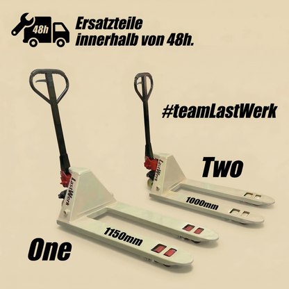 LastWerk One Hubwagen 2500 kg und 1150 mm Gabellänge PU-Rollen Handhubwagen Palettenwagen Gabelhubwagen aus Stahl, Polyurethan