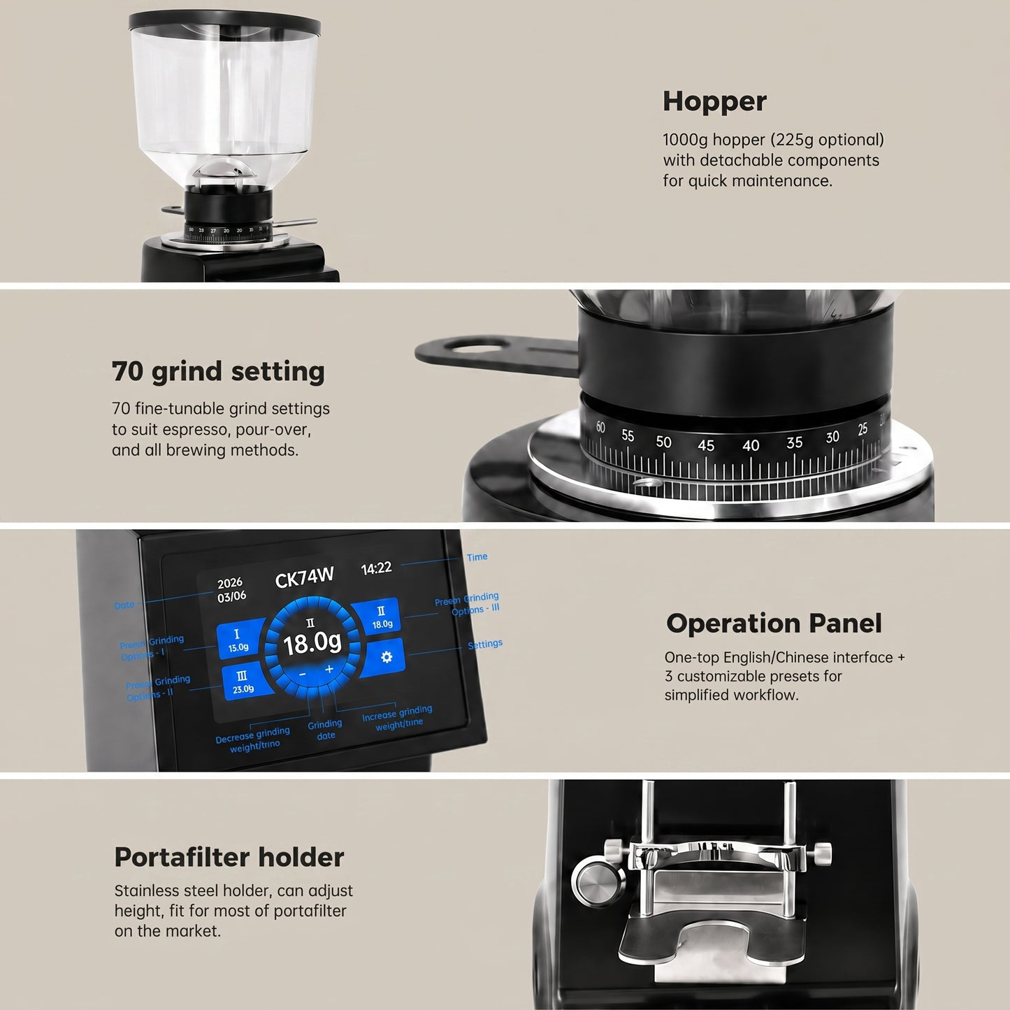 ROASTLY CK74W elektrische Espressomühle mit Touchscreen, grammgenauer Dosierung (3 Speicher), stufenlose Mahlgrad‑Skala 0–60, verstellbare Siebträgergabel, transparenter Bohnenbehälter, Schwarz