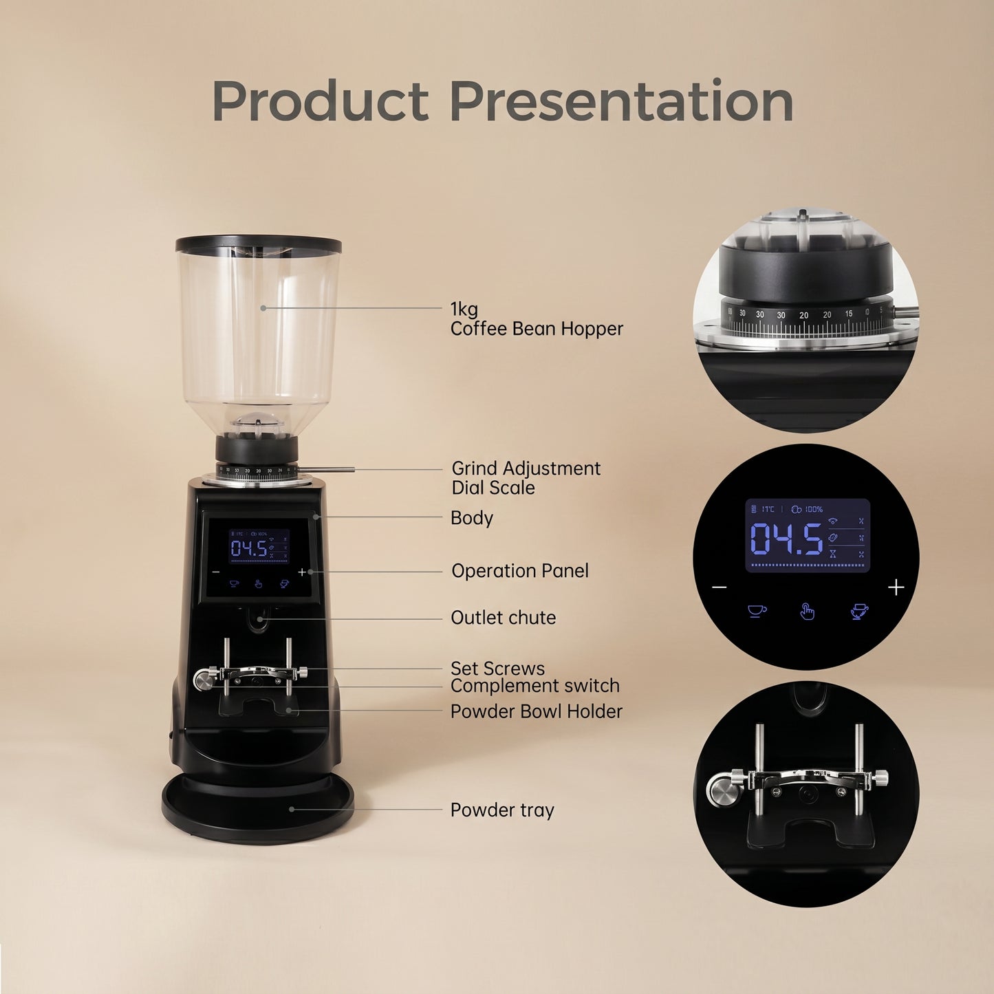 ROASTLY CK74 Elektrische On‑Demand Espressomühle – Scheibenmahlwerk mit stufenloser Mikrometer‑Skala (Skalenring), Touch‑Digitaldisplay mit Timer & Einzel-/Doppeldosis, höhenverstellbarer Siebträgerha