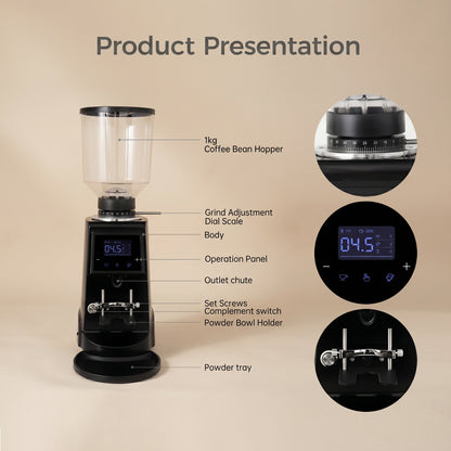 ROASTLY CK74 Elektrische On‑Demand Espressomühle – Scheibenmahlwerk mit stufenloser Mikrometer‑Skala (Skalenring), Touch‑Digitaldisplay mit Timer & Einzel-/Doppeldosis, höhenverstellbarer Siebträgerha