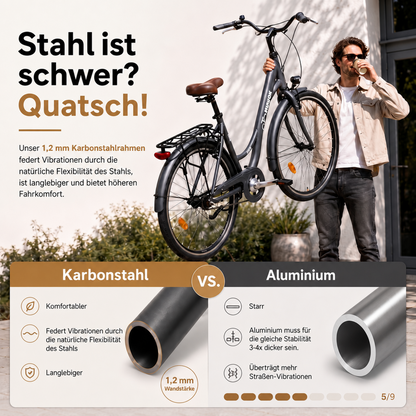 oToMUNICH Base Boring Grey 28 Zoll Fahrrad, Single Speed, City-Bike, Tiefeinsteiger mit Stahlrahmen, Nabendynamo 60 Lux LED Frontlicht, mit Tracker, Fahrradcomputer, Handyhalterung und Gepackträger