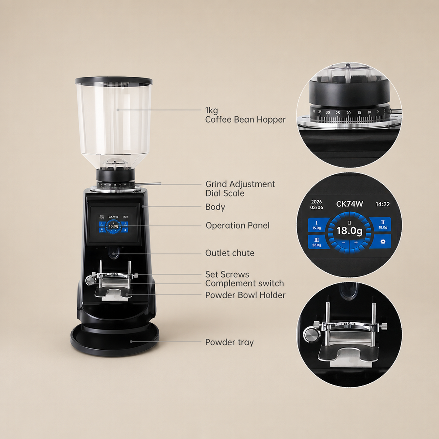 ROASTLY CK74W elektrische Espressomühle mit Touchscreen, grammgenauer Dosierung (3 Speicher), stufenlose Mahlgrad‑Skala 0–60, verstellbare Siebträgergabel, transparenter Bohnenbehälter, Schwarz