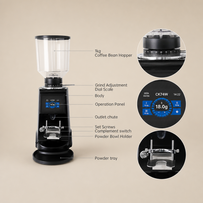 ROASTLY CK74W elektrische Espressomühle mit Touchscreen, grammgenauer Dosierung (3 Speicher), stufenlose Mahlgrad‑Skala 0–60, verstellbare Siebträgergabel, transparenter Bohnenbehälter, Schwarz