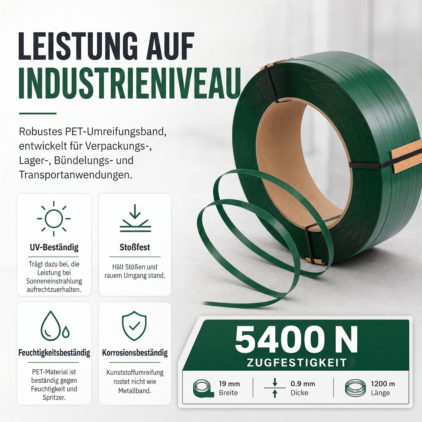 LastWerk Grünes PET-Umreifungsband 1200m - Hohe Reißfestigkeit, Witterungsbeständig, Ideal für schwere Lasten