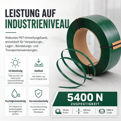 LastWerk Grünes PET-Umreifungsband 1200m - Hohe Reißfestigkeit, Witterungsbeständig, Ideal für schwere Lasten