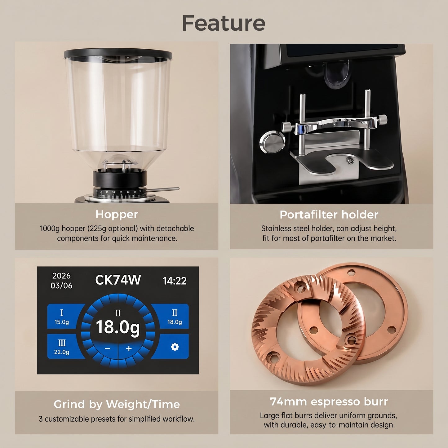 ROASTLY CK74W elektrische Espressomühle mit Touchscreen, grammgenauer Dosierung (3 Speicher), stufenlose Mahlgrad‑Skala 0–60, verstellbare Siebträgergabel, transparenter Bohnenbehälter, Schwarz