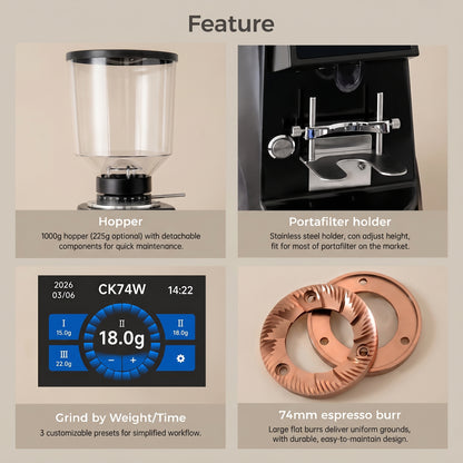 ROASTLY CK74W elektrische Espressomühle mit Touchscreen, grammgenauer Dosierung (3 Speicher), stufenlose Mahlgrad‑Skala 0–60, verstellbare Siebträgergabel, transparenter Bohnenbehälter, Schwarz