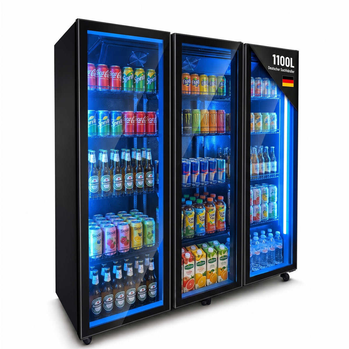 FREEZE. OneTwoFifty A Getränkekühlschrank mit Glastür & LED-Beleuchtung - Flaschenkühlschrank mit 1100L Kapazität, Aluminiumrahmen, Bierkühlschrank, Auto-Abtauung, 4 bis +10 °C